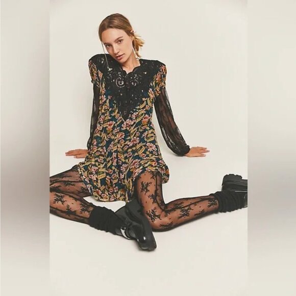 Free People (new with partial tag) Black and Floral Mini Dress - small - Picture 2 of 9